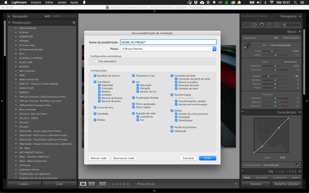 Tela do Lightroom ao salvar presets