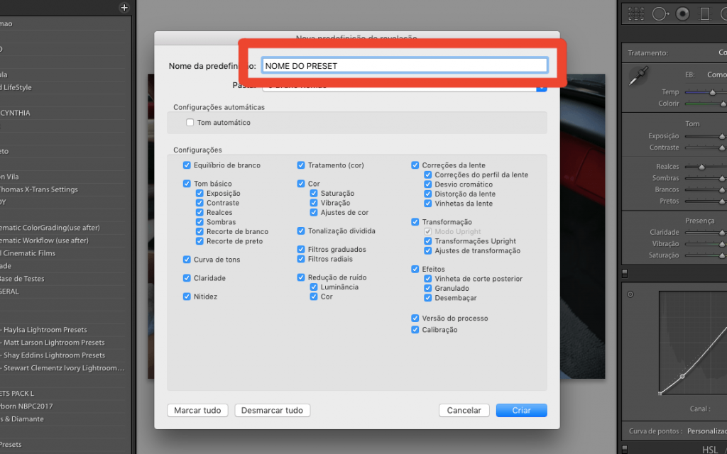 Tela de salvar o lightroom preset com foco para o campo de nomear