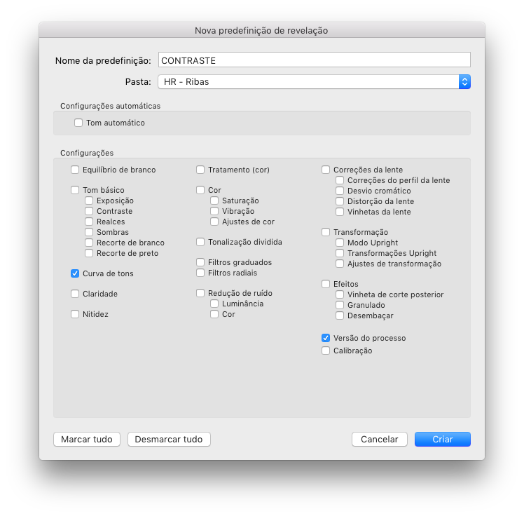 Tela de marcação das configurações do preset do Lightroom